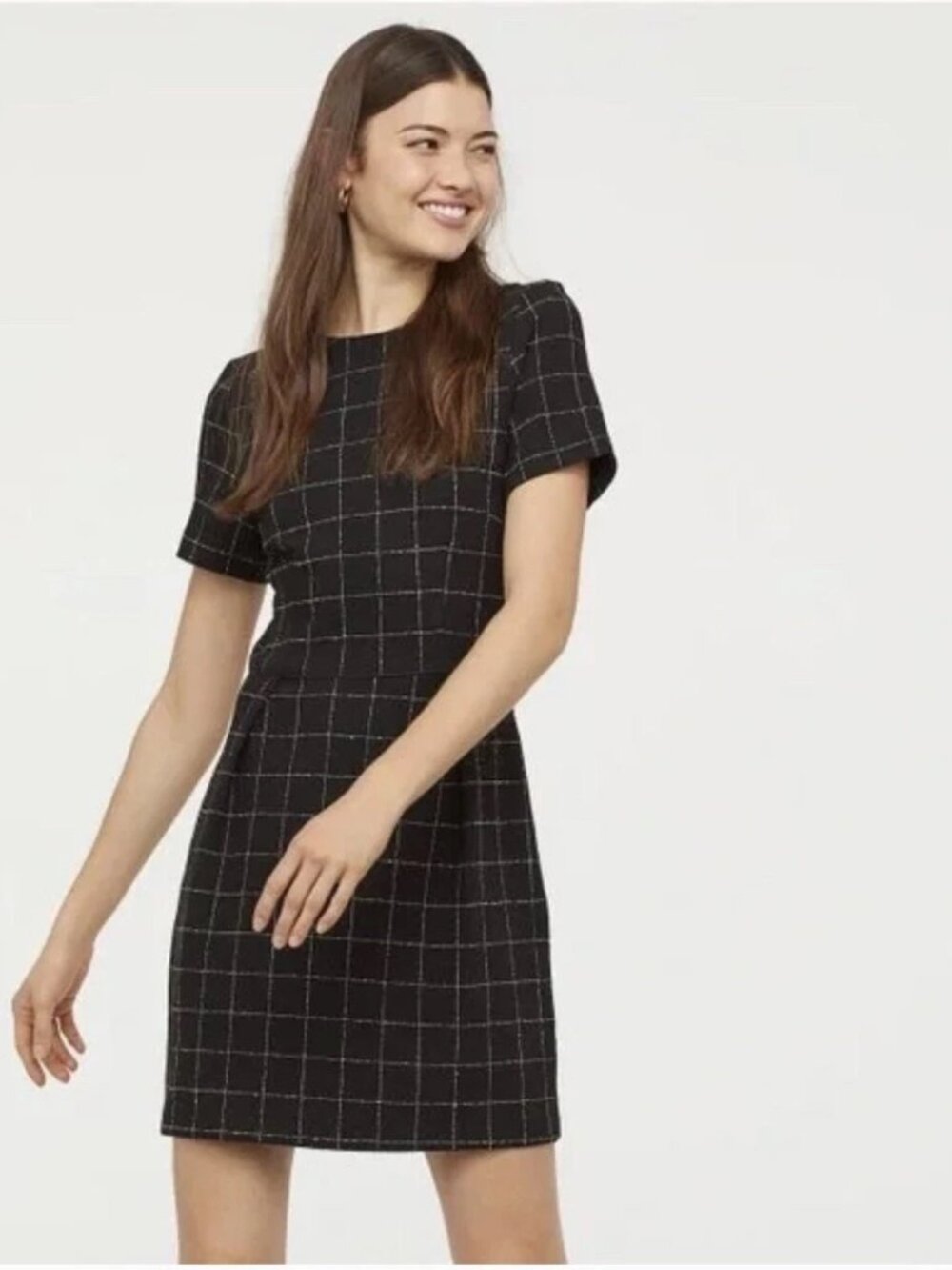 💼 H&M Black Check Grid Dress Size 0 Textured Weave Classic Academia Chic